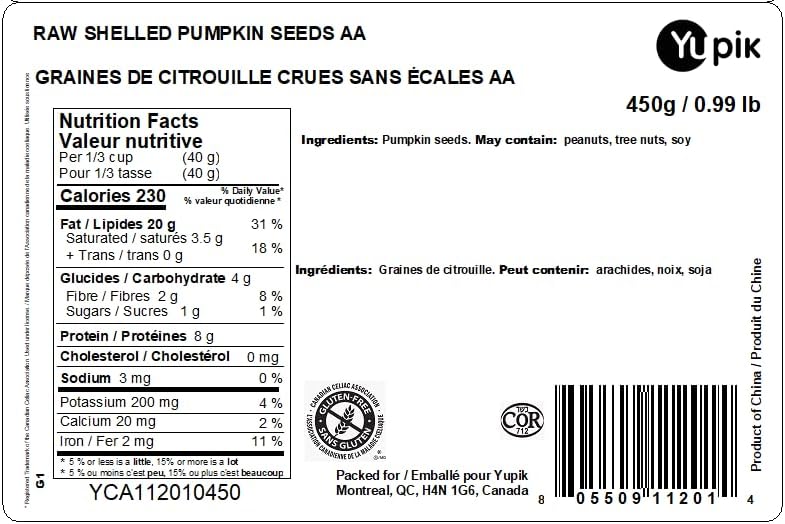 Yupik Raw Pumpkin Seeds, No Shell, 450 g, GMO-Free, Gluten-Free, Kosher, Shelled Pepitas, Salt-Free, Oil-Free, Plant-Based Protein, Source of Fiber, Healthy Snacks, Ideal for Baking & Topping