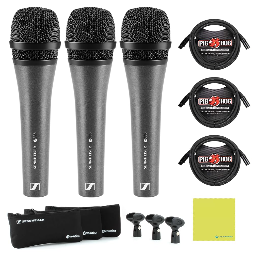 Liquid Audio 3-Pack E835 Dynamic Cardioid Microphone, Black Bundle w/ 3-Pack Pig Hog PHM10 8mm Mic XLR Cable Polishing Cloth