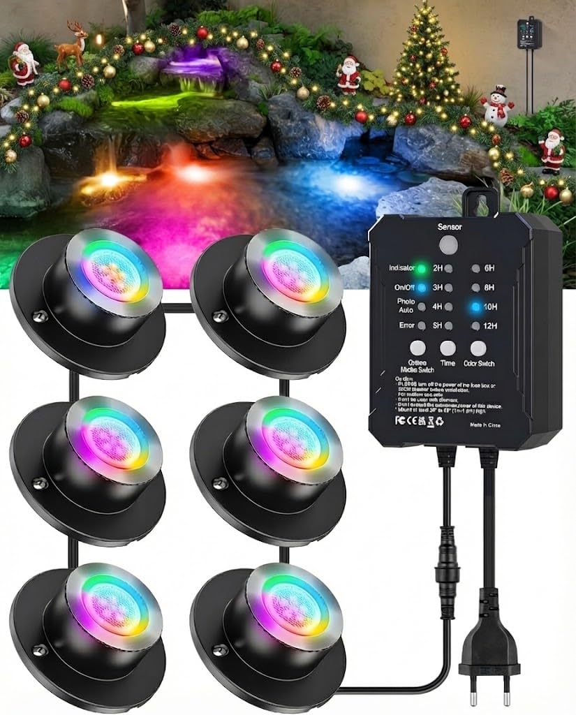 HIBOITEC LED RGB Teichbeleuchtung, Photozellensensor und Timer, Mehrere Farben Unterwasserbeleuchtung mit Niedervolt Transformator, IP68 Wasserdicht Poolbeleuchtung Unterwasser Licht