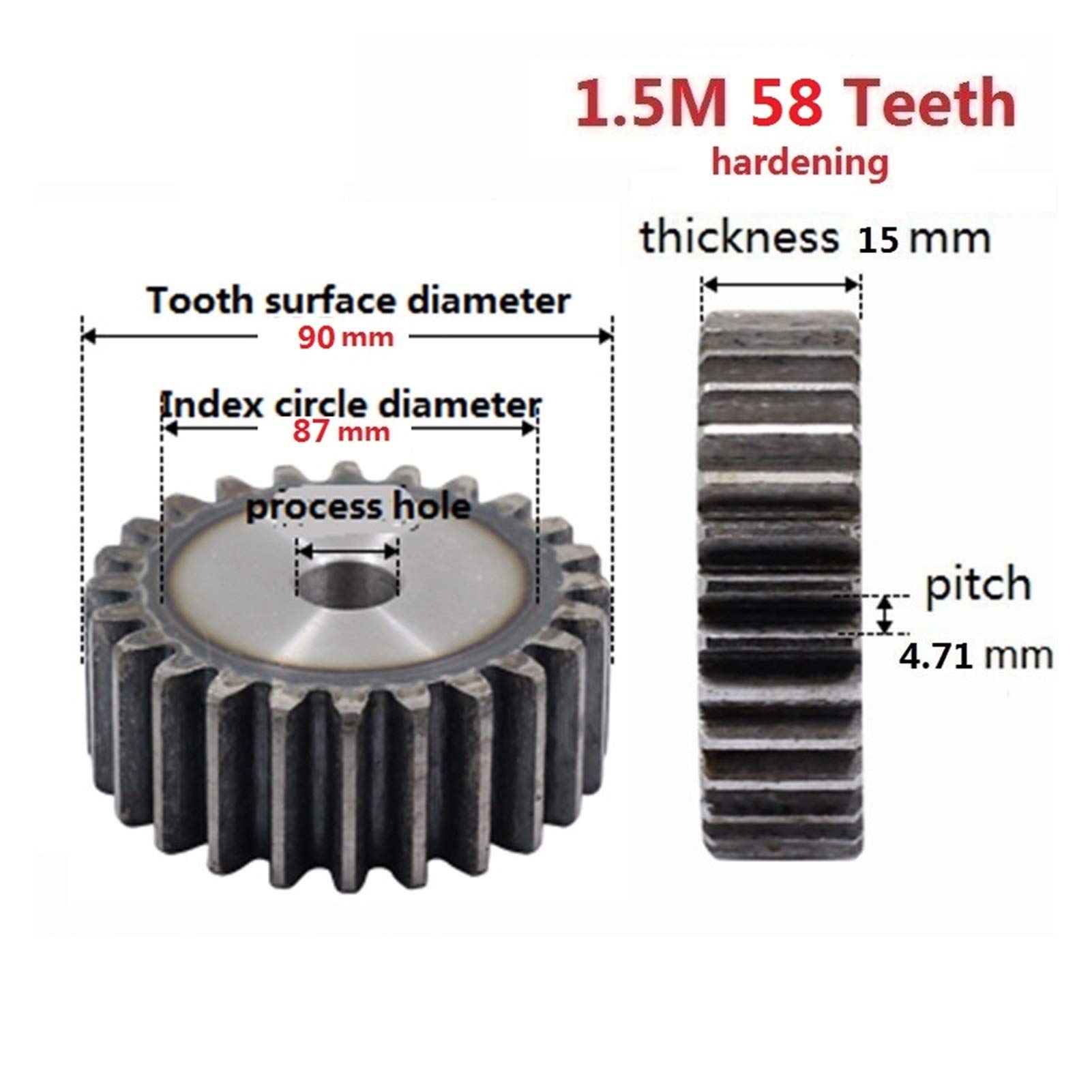ZHENGGUIFANG ZGF-BR 1.5M 58 Teeth Steel Spur Gear 1Modulus 58T for Outer Diameter 90mm Shaft Reduction Harden Pinions (Number of Teeth : 58 Teeth)