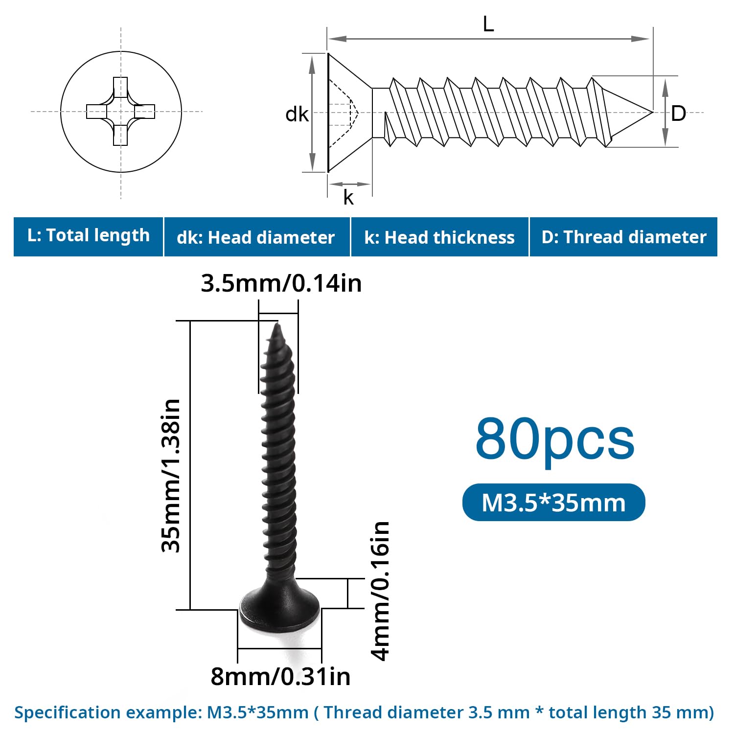 VooGenzek 80 PCS M3.5 * 35 mm Coarse Thread Point Drywall Screws, Phillips Countersunk Drywall Screws - Image 2