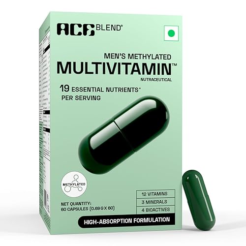Ace Blend Multivitamin Capsules for Men | Pack of 60 | Methylated Multivitamin with 19 Essential Nutrients | Quatrefolic, MenaQ7 & Vitashine D3 | Supports Energy, Immunity, Focus & Heart Health