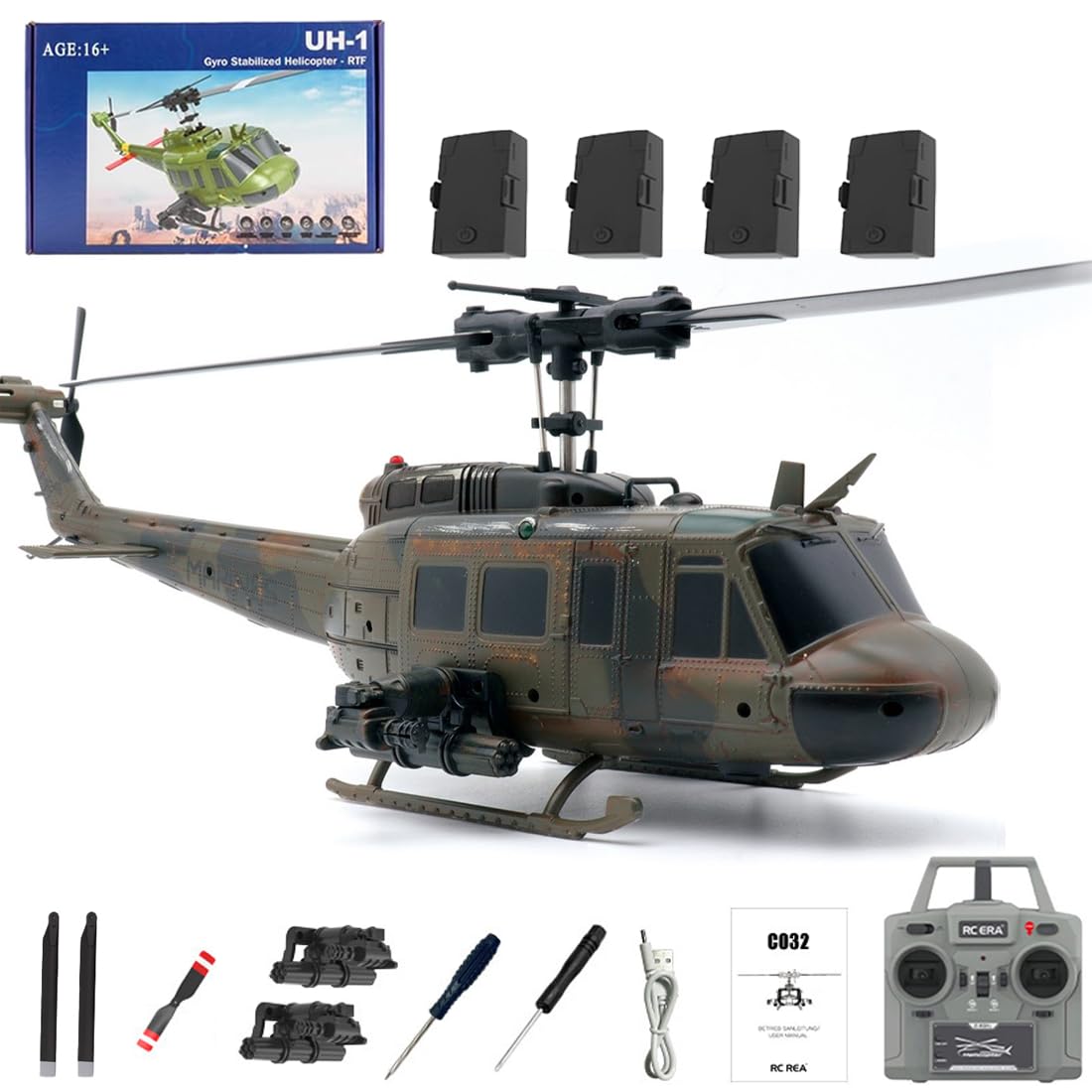 C032 UH-1 Huey RC Helicopter for Adults, 1/48 Scale 2.4G 6CH Flybarless RC Military Aircraft Model with 6-Axis Gyroscope, 3D Inverted Flight, Optical Flow Positioning - 4 Battery