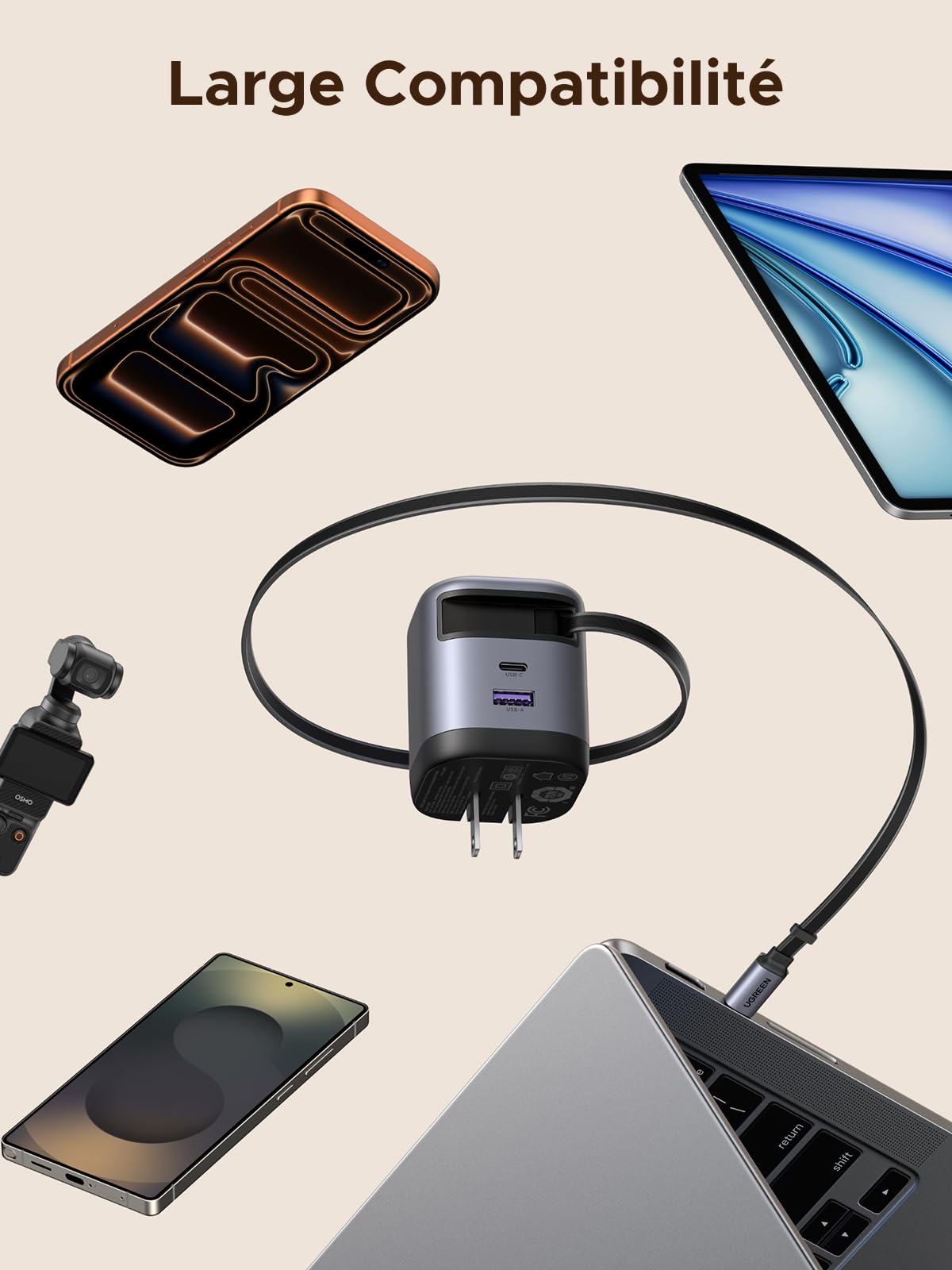 UGREEN Nexode 45W Chargeur USB C Rapide iPhone GaN 2 Ports Câble Rétractable Prise Secteur Compatible avec iPhone 17 Pro Max Air 16 15 14 Plus Galaxy S25 S24 S23 S22 A56 A16 A06 iPad MacBook Air Neo