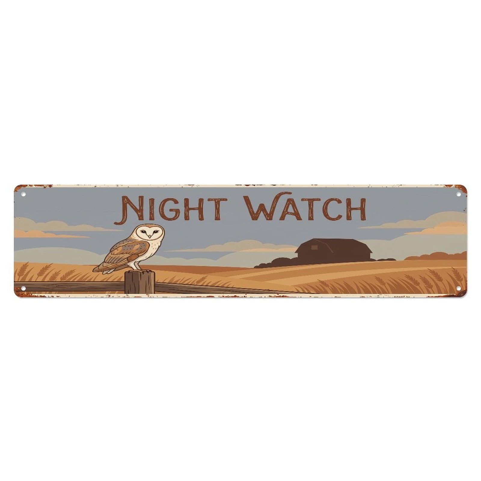 Metal Tin Sign Vintage Barn Owl Farm Scene Night Watch