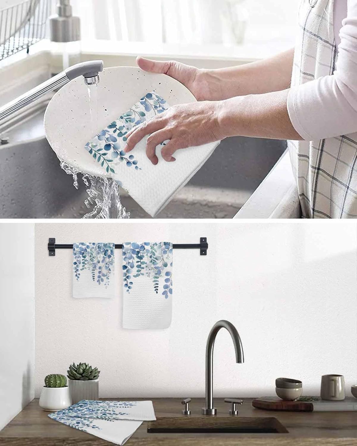 Eucalyptus Blue Hand Towels Set, Waffle Weave Kitchen Towels 2 Pieces, Farmhouse Leaves Summer Spring Microfiber Hair Face Bath Tea Towel Absorbent Quick Drying Cleaning Dish Cloths, 15.7"x23.6"