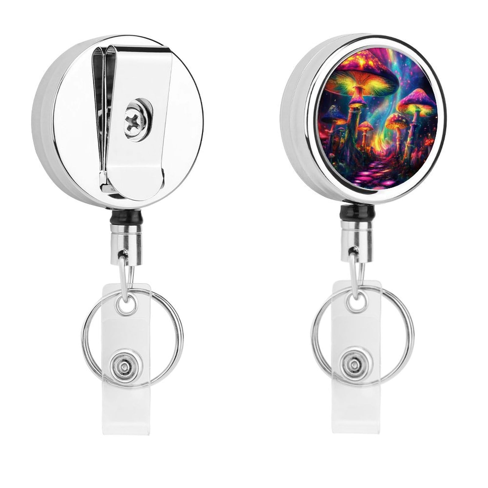 Tie Dye Mushroom Print Retractable Badge Holder Metal ID Name Holder Key Ring with Belt Clip