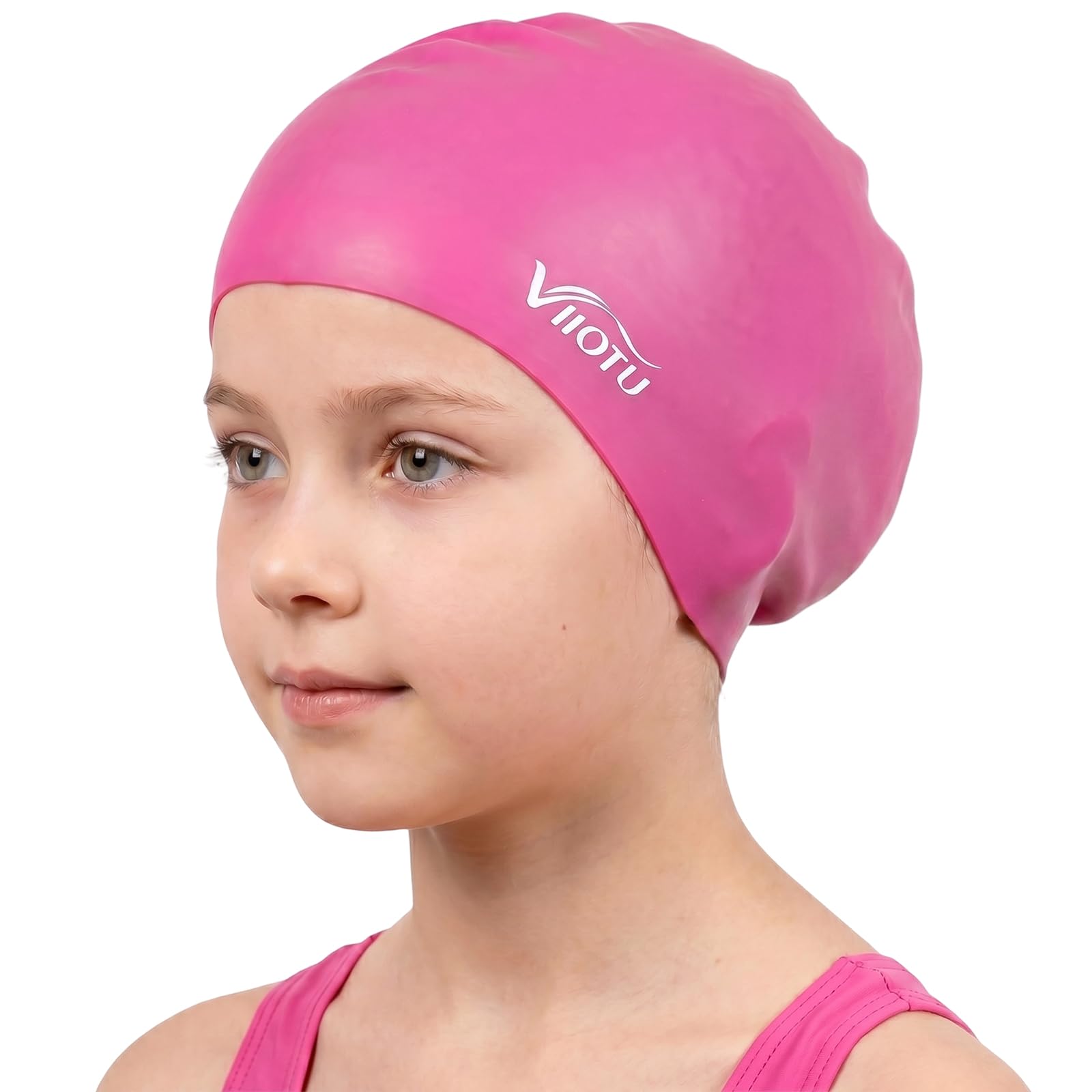 Viiotu Kids Silicone Swim Cap for 6-14 Years, High Elasticity Waterproof Swimming Cap for Boys Girls Youth, Soft Comfort Fit for Long Thick Hair Braids Plaits & Curls (Rose Red)