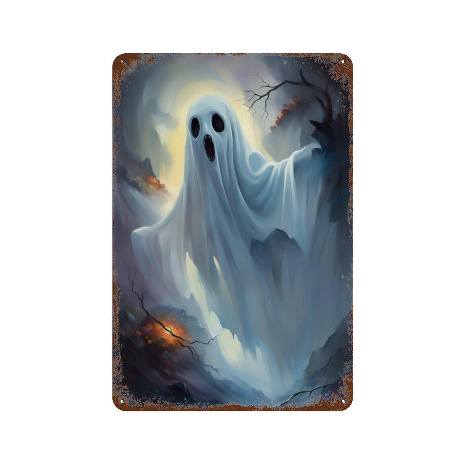 Garage Style Spooky Ghost Scene Rust Effect Tin Sign 11.8"x7.9", Vintage Wall Decor for Bar And Workshop