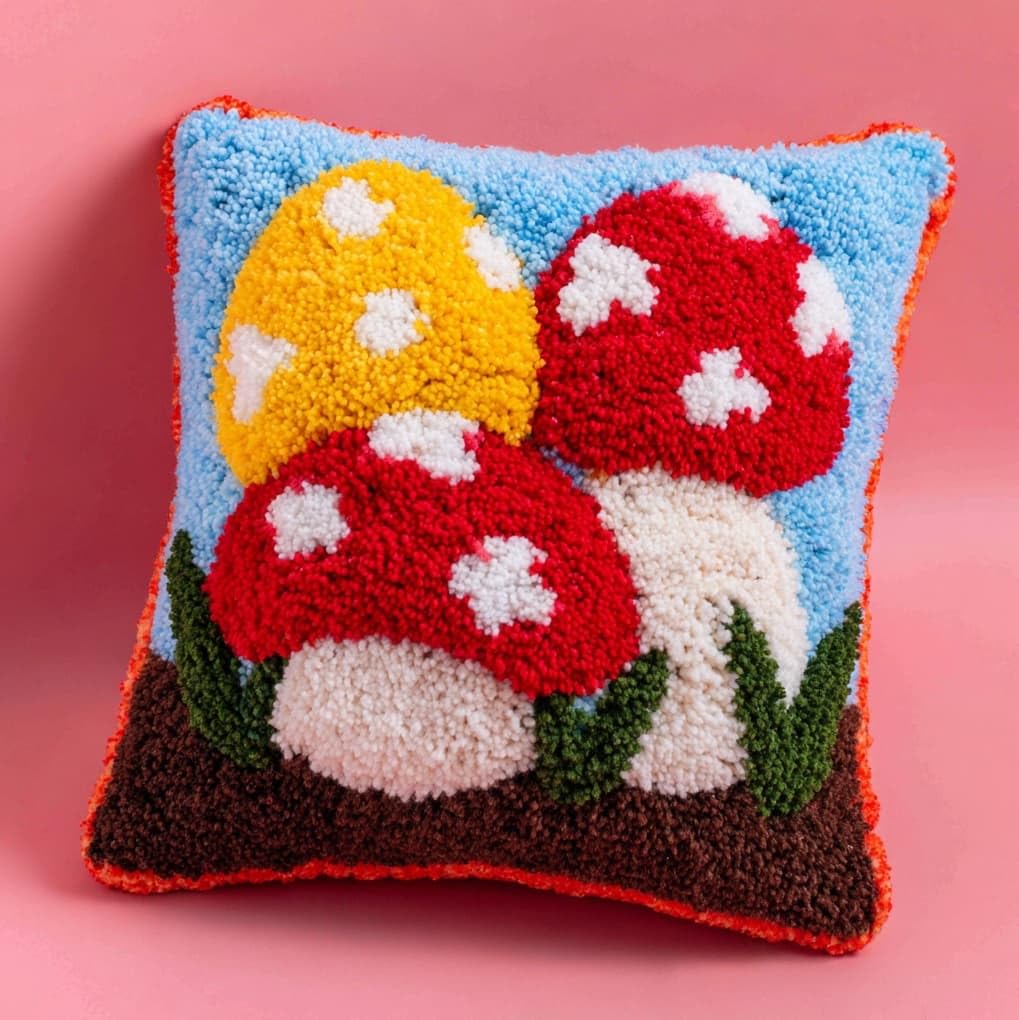 WallustrioaW Latch Hook Kits Pillow Printed Cushion,Cartoon Mushroom,Needlework DIY Hook Latch Kit Pillowcase Cover Home Sofa Christmas Decoration,17x17in