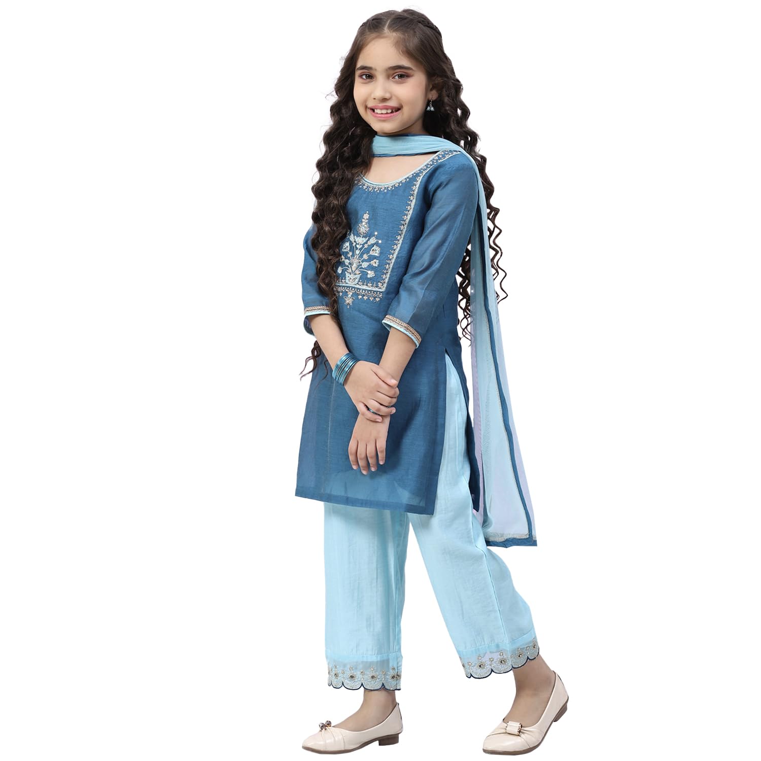BIBAGirls Art Silk Straight Kurta Palazzo Suit Set