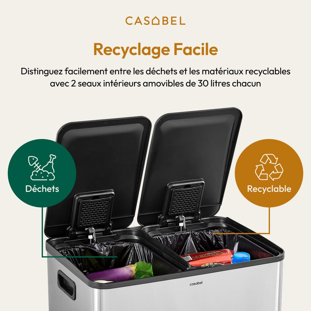 CASABEL Poubelle Cuisine Tri Sélectif 60L Acier INOX Brossé Double Compartiments