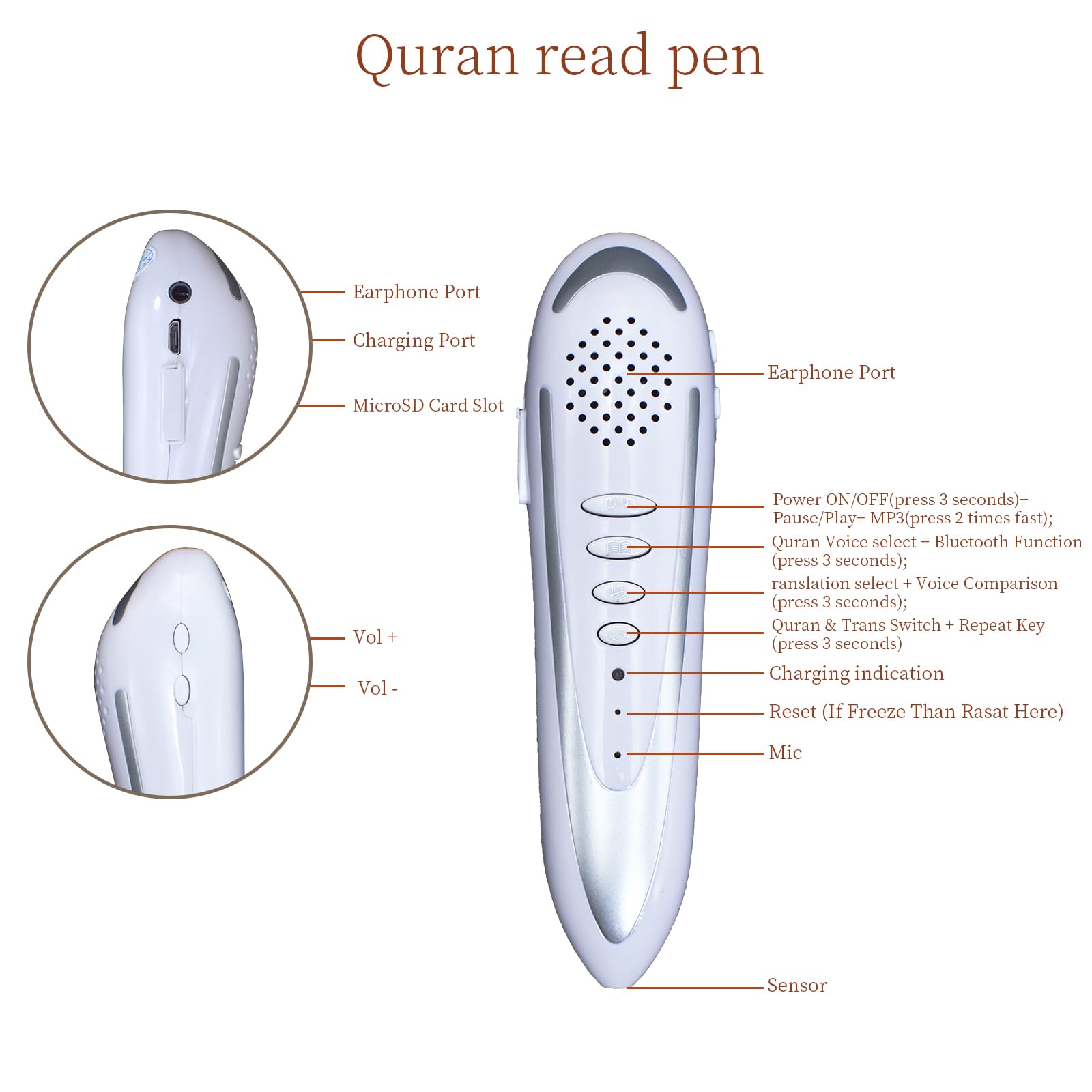 Lápiz digital Quran, 16 GB de memoria, 25 recitadores multilingües, recargable, recargable por USB, con funda de aluminio