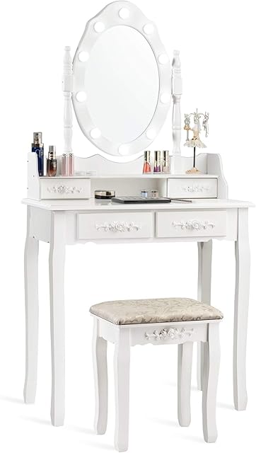 CASART Dressing Table Set with Lights, LED Vanity Table with Adjustable Brightness Mirror & Cushioned Stool, Hollywood Makeup Dresser Desk Furniture for Bedroom