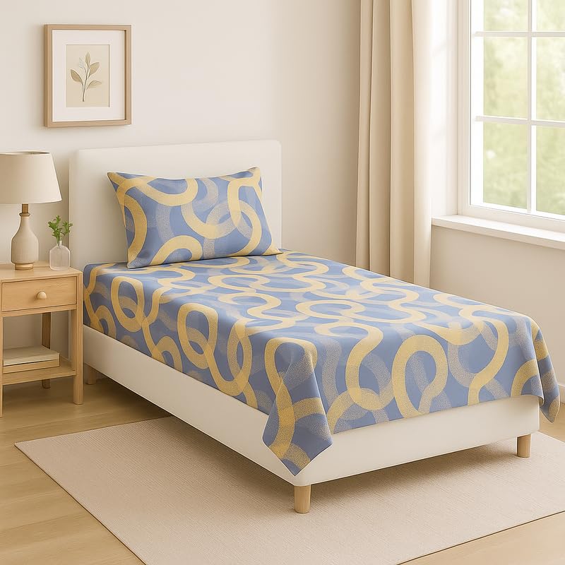 BSB HOME Flat Bedsheet for Single Bed with 1 Pillow Cover | Soft Touch Cotton | Comfortable & Durable | Size 90 x 60 Inch | Elegant Printed Bedding Set for Daily Use, Color - Grey and Beige