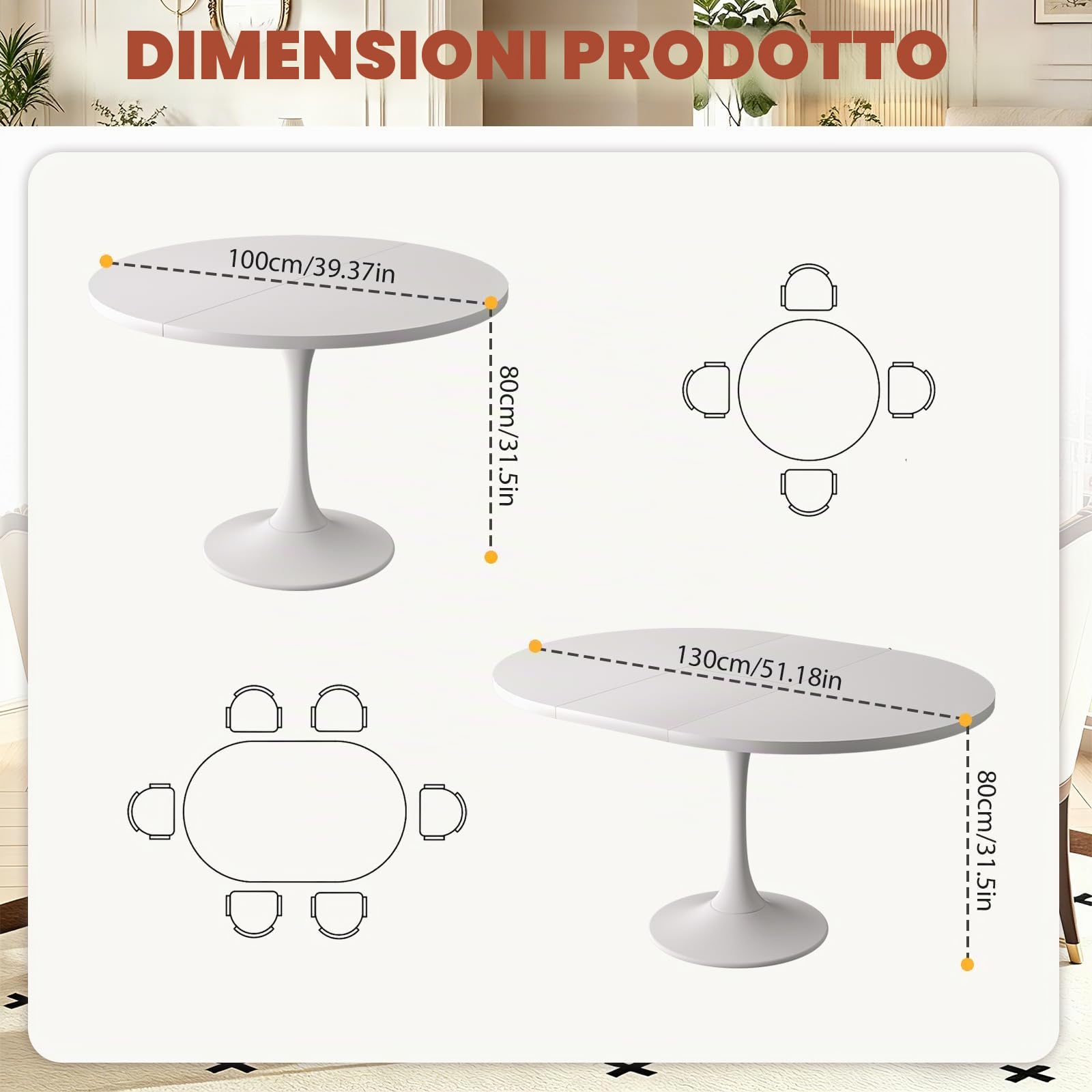 Tavolo da pranzo a tulipani allungabile, 100-130 cm, tavolo rotondo/ovale, in MDF per 2-6 persone, altezza 80 cm, moderno tavolo da pranzo per soggiorno, cucina, struttura in acciaio al