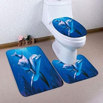 Blue Dolphin Bathroom Mats and Rugs 3 Piece Bath Mat Set Toilet Seat Cover and Rugs Bathroom Set U Shape Rug Mat
