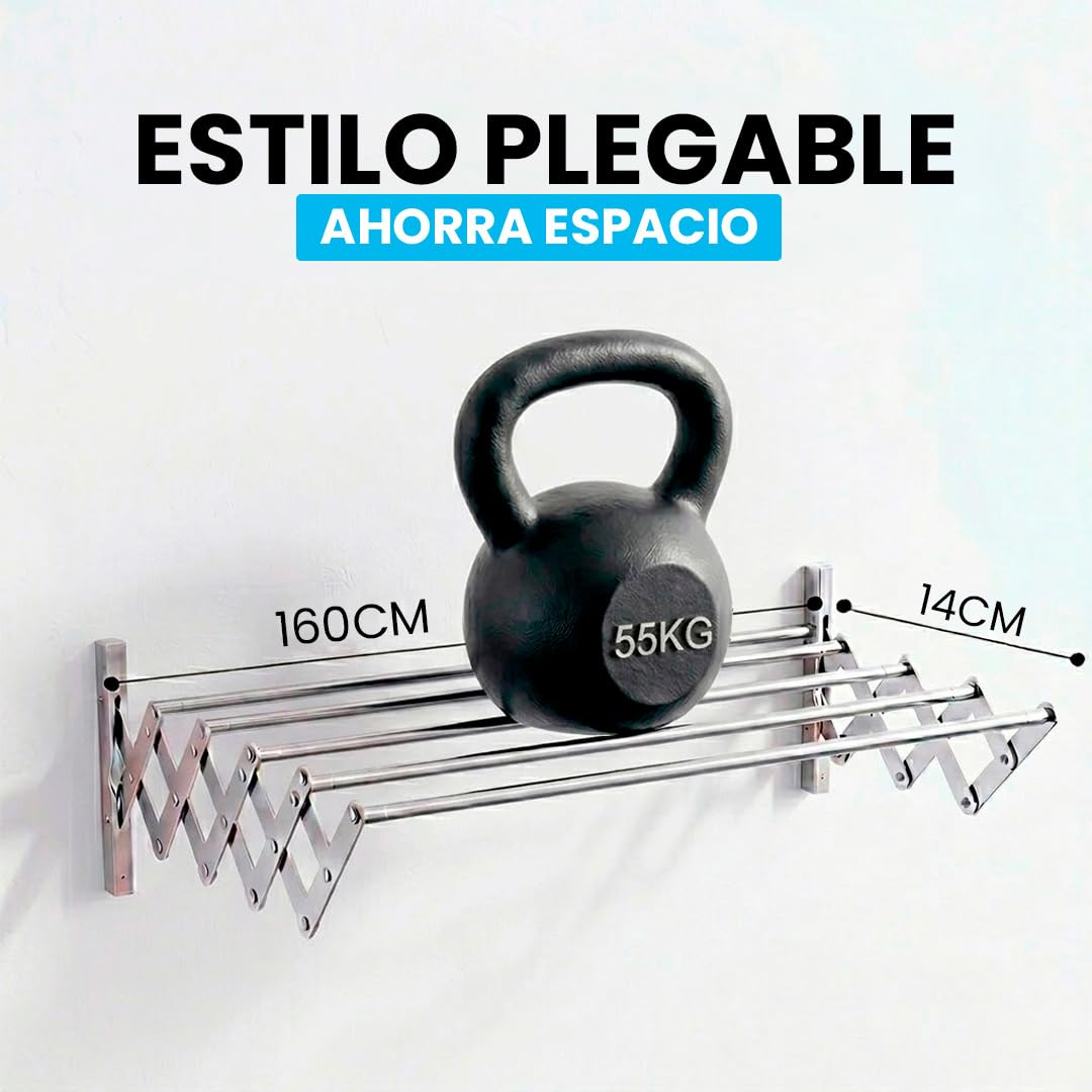 Marctani Tendedero Extensible Pared Acero Inoxidable - Tendederos Plegables Ahorra Espacio Interior o Exteriror - Tendal Plegable con 5 Barras - Tenderete de Ropa (A.INOX 160CM)