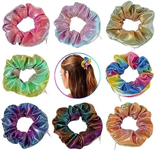 Women Shiny Metallic Scrunchies with zipper pouch tie dye scrunchies for girls secret zipper pocket scrunchies Tie Hidden Pocket scrunchies Hair Bands Soft Stash Hair Elastic Ties for Vsco Girl Stuff Scrunchies (8 Pcs D)