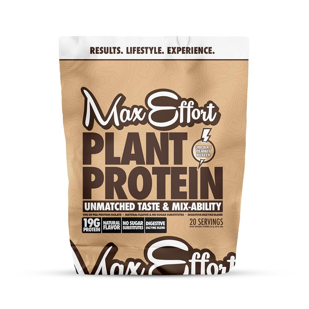 MAX EFFORT Proteína vegetal em pó com proteína de ervilha 19 g, sabor chocolate com pasta de amendoim, 558 g