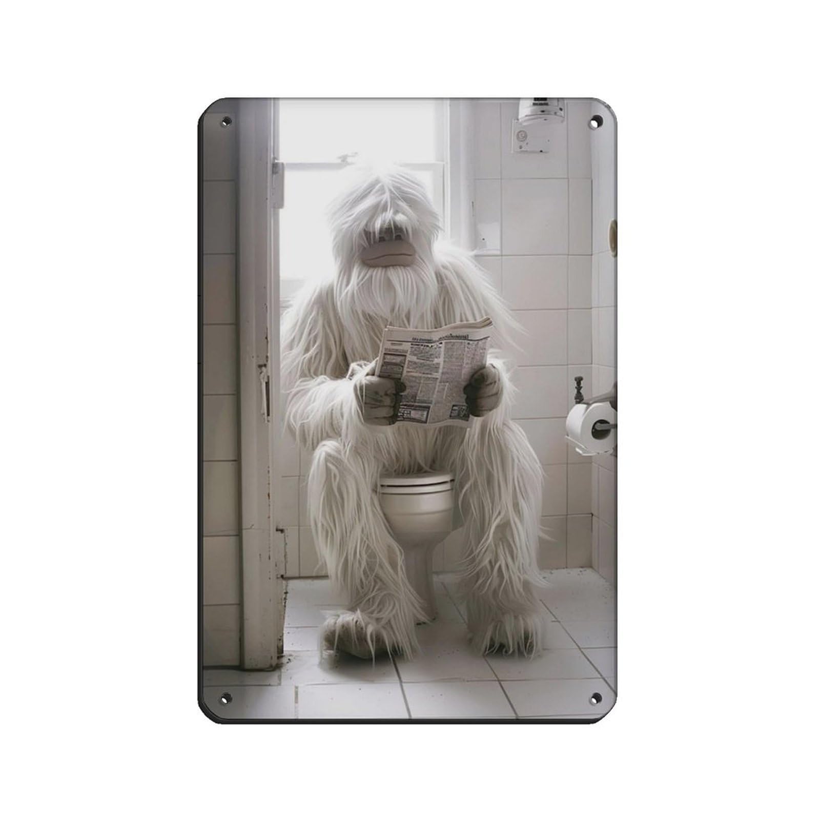 Yeti Sitting on The Toilet Reading A Newspaper Tin Sign Vintage Metal Pub Club Cafe Bar Home Wall Art Decoration Poster Retro 8x12inch(20x30cm)