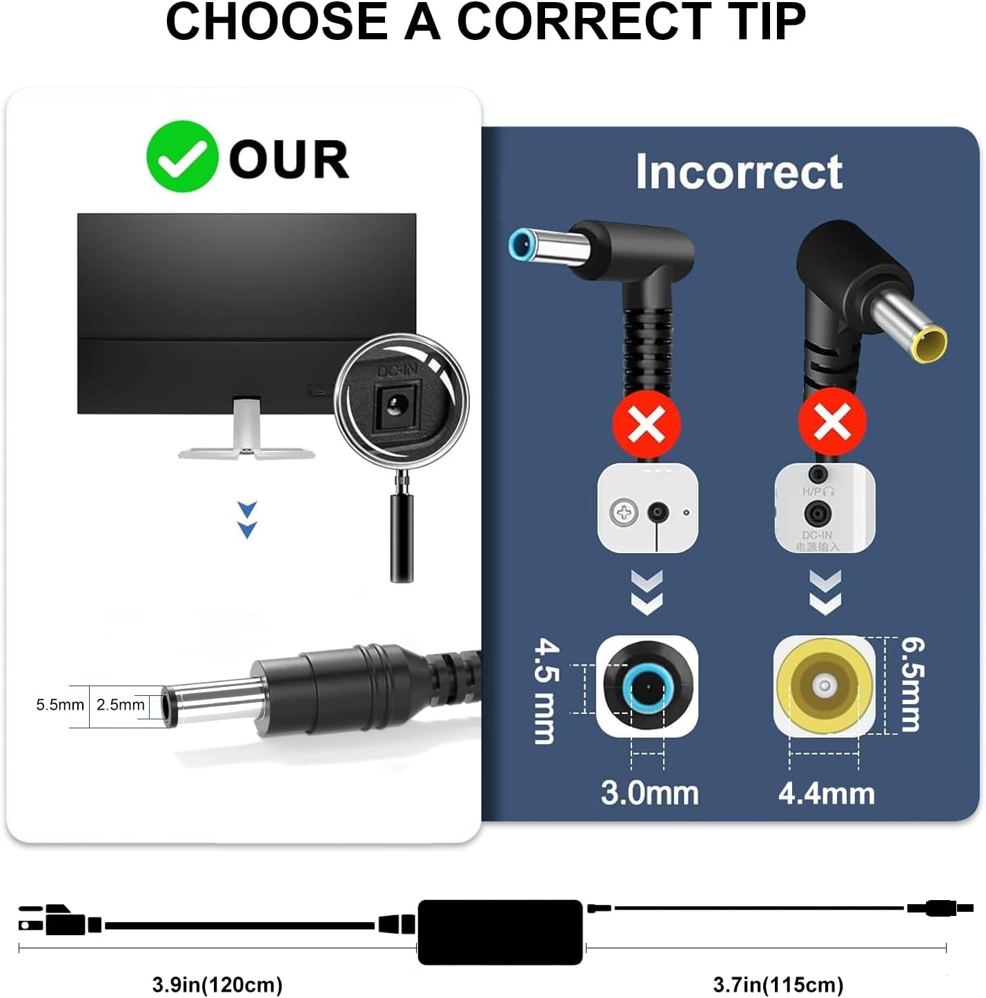 65W Power Cord Compatible with HP Monitor 27" 25" 23.8" 23" 21.5" 31.5" 25f 27f 22cwa 27es 27er 27eb 27xi 27xw 27bw