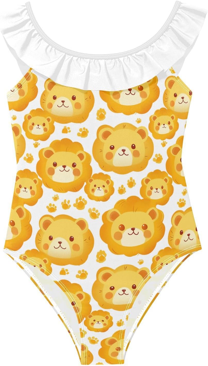 visesunny Girls One Piece Swimsuits Ruffle Swimwear Lion Head Footprint Bathing Suits for Girls 3-6Y