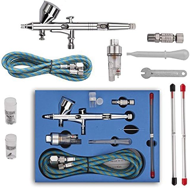 Pinkiou Airbrush Kit Dual Action Temporary Tattoo Set for Body Paint Nail Art Car Cake 0.2mm/0.3mm/0.5mm Needle