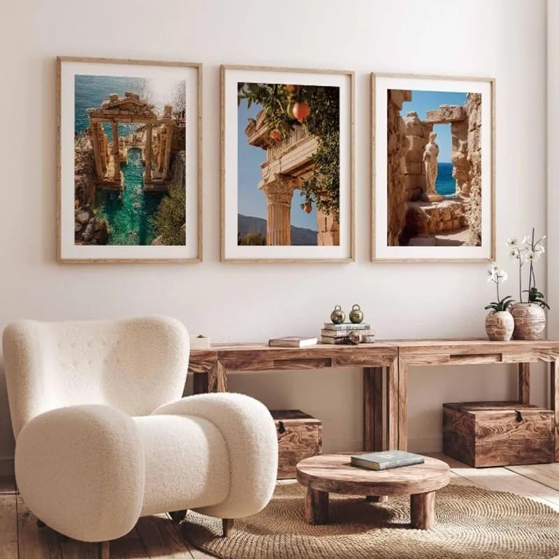 Affiche d'architecture de temple au style vintage doré, triptyque mural haut de gamme 30x45cm