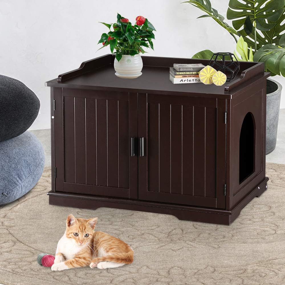 Bonnlo Cat Litter Box Furniture Hidden, Litter Box Enclosure, Cat Litter Cabinet with Pet Mat, Wooden Cat Washroom Storage Bench for…