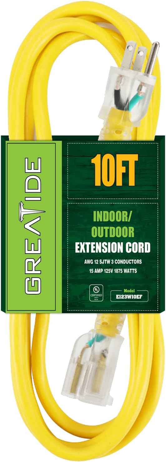 GREATIDE 10 Ft Lighted Outdoor Extension Cord 12/3 SJTW Heavy Duty