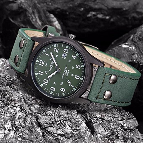 Men's Date Quartz Strap Classic Vintage Leather Sport Watch Men's Watch Wind up Watches for Men No Battery (Green, One Size)