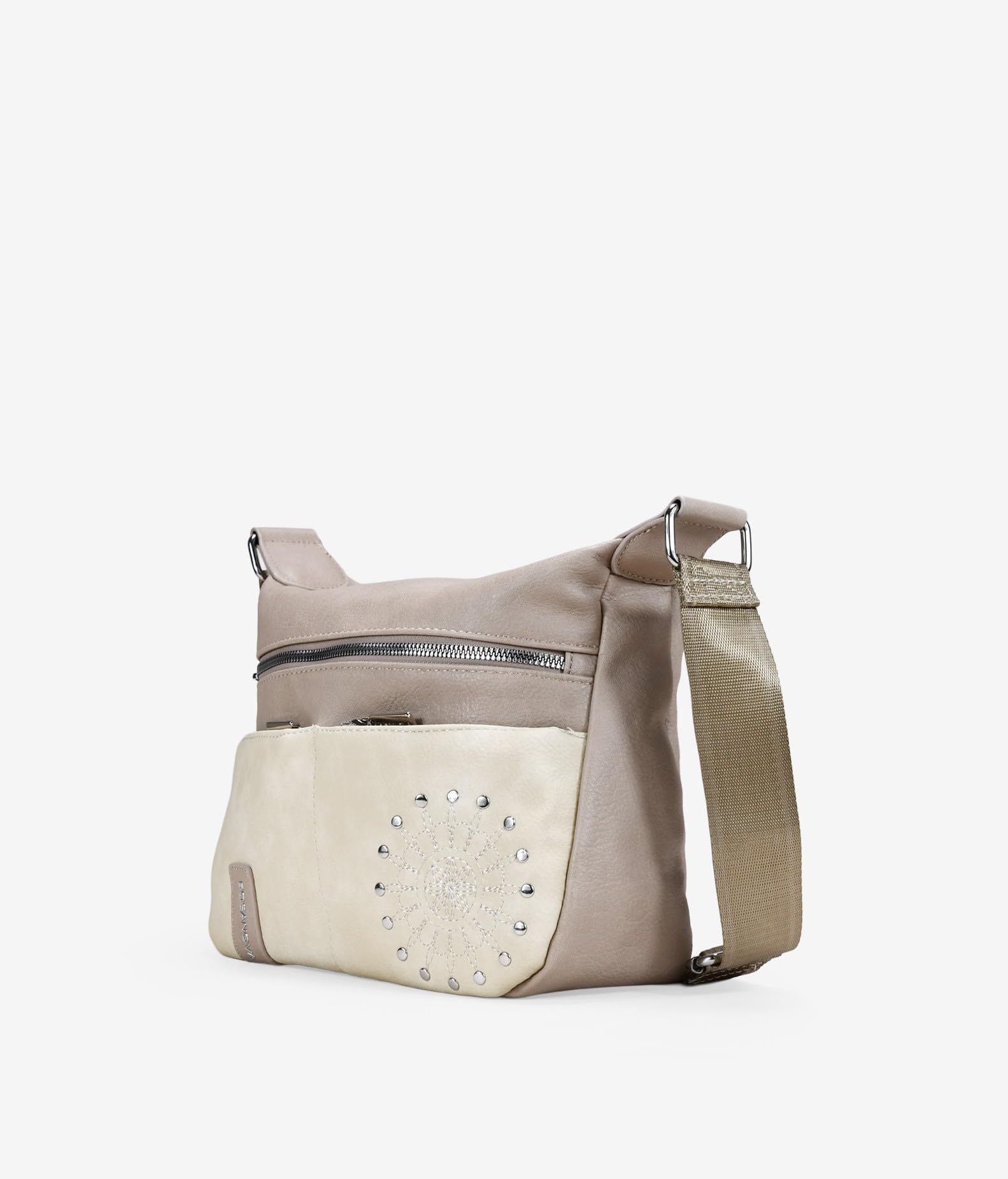 BOSANOVA Bolso Bandolera para Mujer con Tres Bolsillos Frontales, Bordado Decorativo con tachas y asa de Cruzar Regulable. Cierre con Cremallera. Beige U