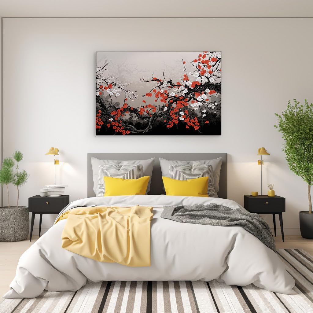 Canvas for Living room. Blossoming Contrast: The Enigmatic Black Tree Adorned in White and Red, 27 x 18 inch Canvas Wall Art - Modern Home Decor - 69x46 cm (27x18 inch)
