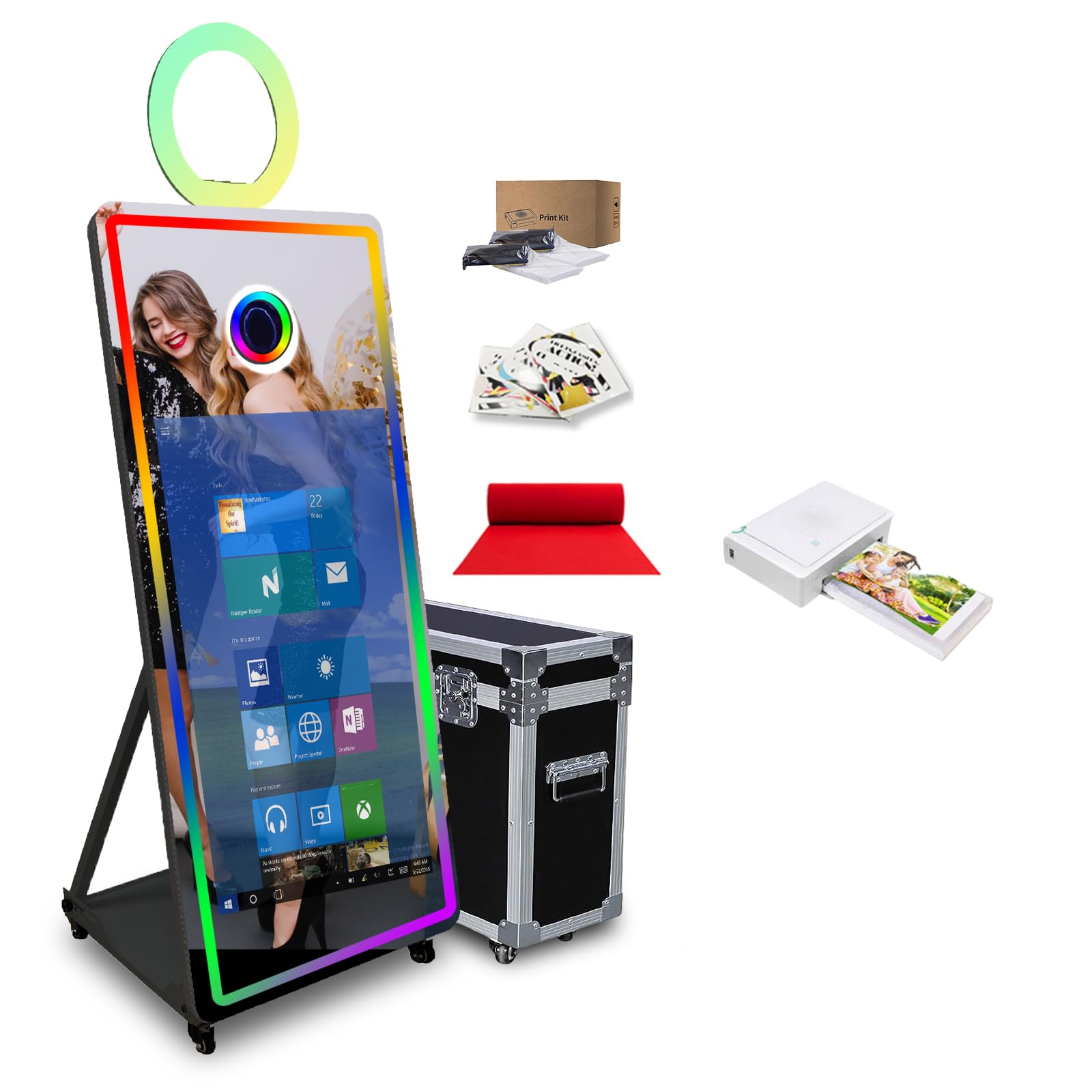 65in Mirror Photo Booth with 43in Touch Screen for Birthdays Weddings Events Holiday Party,Magic Mirror Photo Booth with APP/Remote Control RGB Lighting,with Flight Case（Black,Machine + Printer）