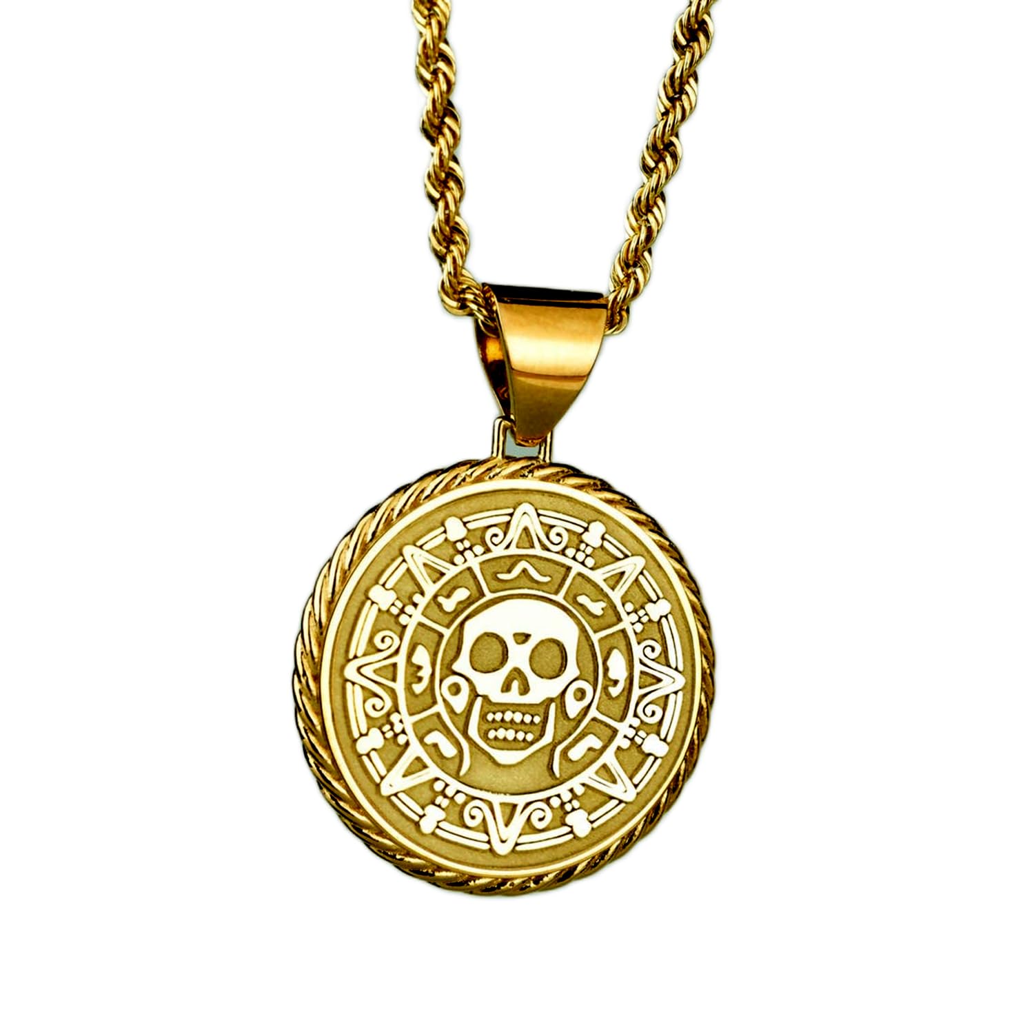 Collar Exclusivo de Plata de Ley ley 925 22 mm | Cadena 45 cm | Colgante Elegante cuerda con moneda pirata maldita y azteca | Dije Fino del tesoro | Joyería de Lujo | Medalla | Baño Baño de Oro | 0035