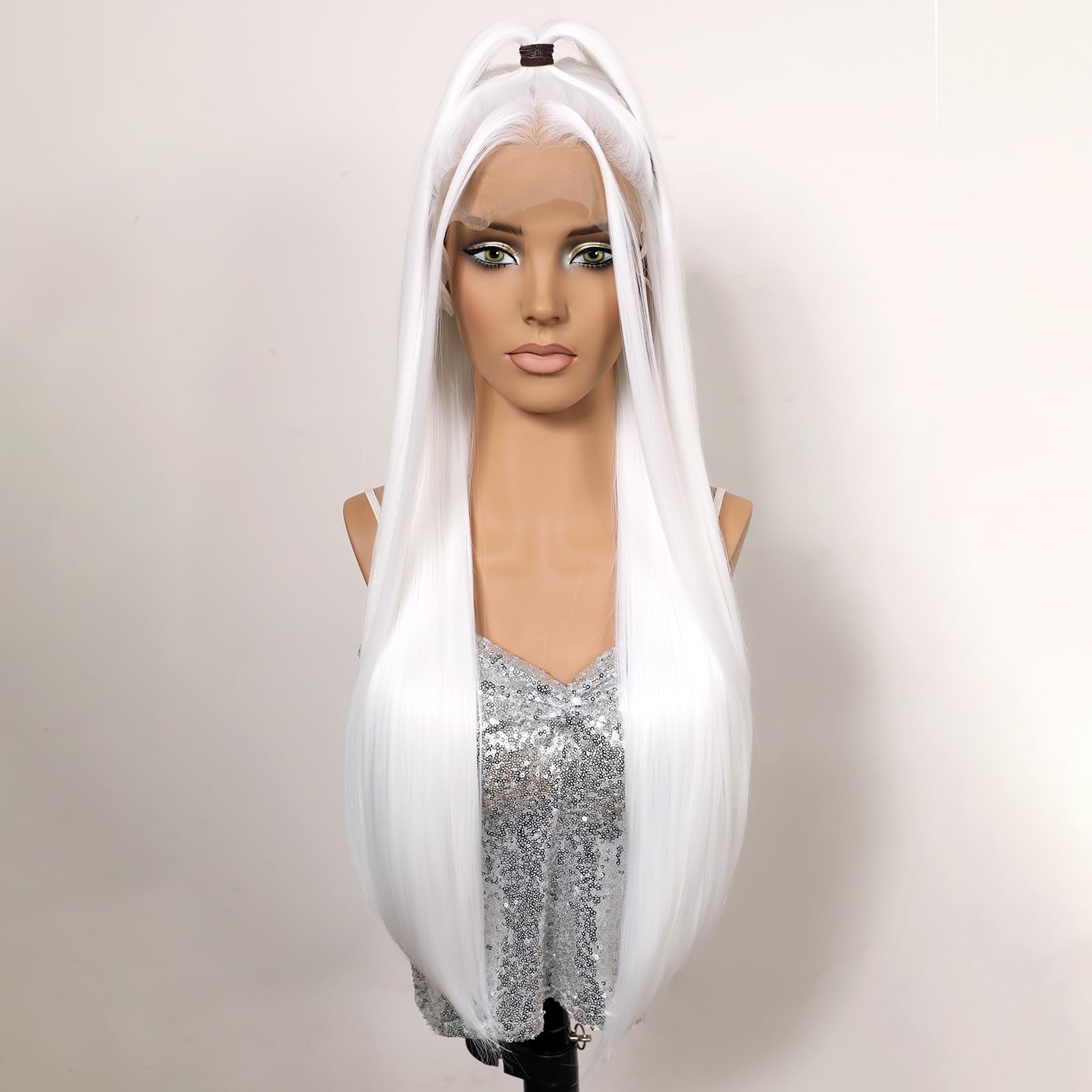 Perruque synthétique blanche avec dentelle frontale - Longue et raide - Blanc neige - Cheveux naturels pré-épilés - Pour femme - Pour le quotidien, les fêtes, le cosplay