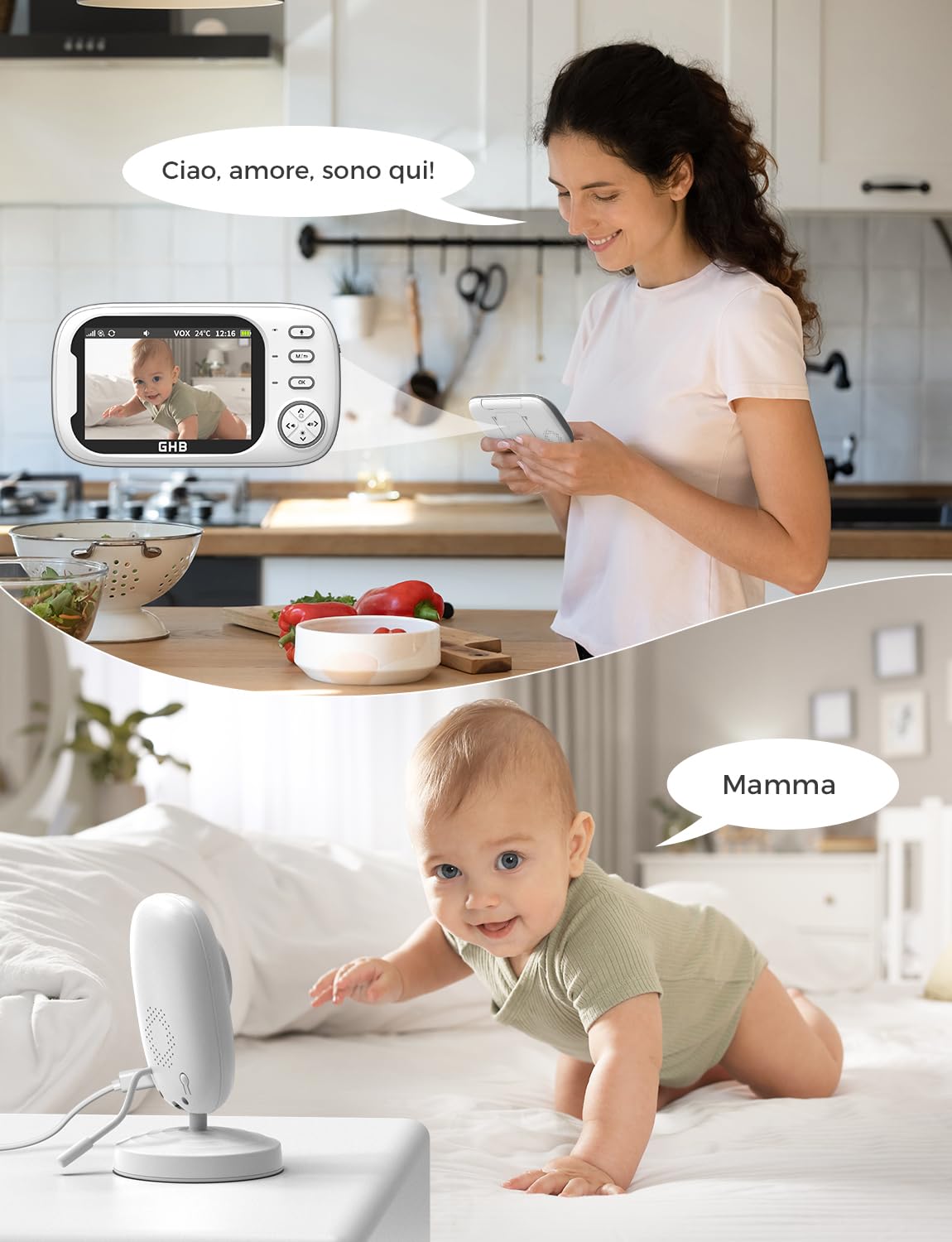 GHB Baby Monitor Video e Audio 3.5'' 720HD Telecamera, 2000mAh Batteria, Comunicazione Bidirezionale,VOX Visione Notturna Visione Monitoraggio Temperatura,Ninne Nanne