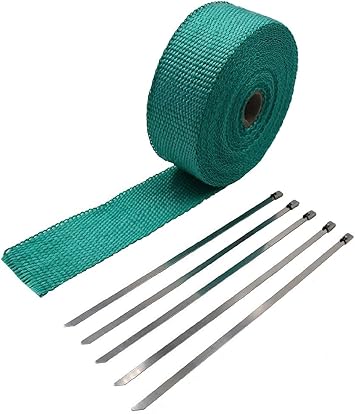 Glassfiber Exhaust Pipe Heat Wrap Tape Roll Downpipe Resistant Shield Insulation Thermal Header for Automotive Car Motorcycle Motorbike + 5 Metal Ties 2" x 32' / 5cm x 10m, Green