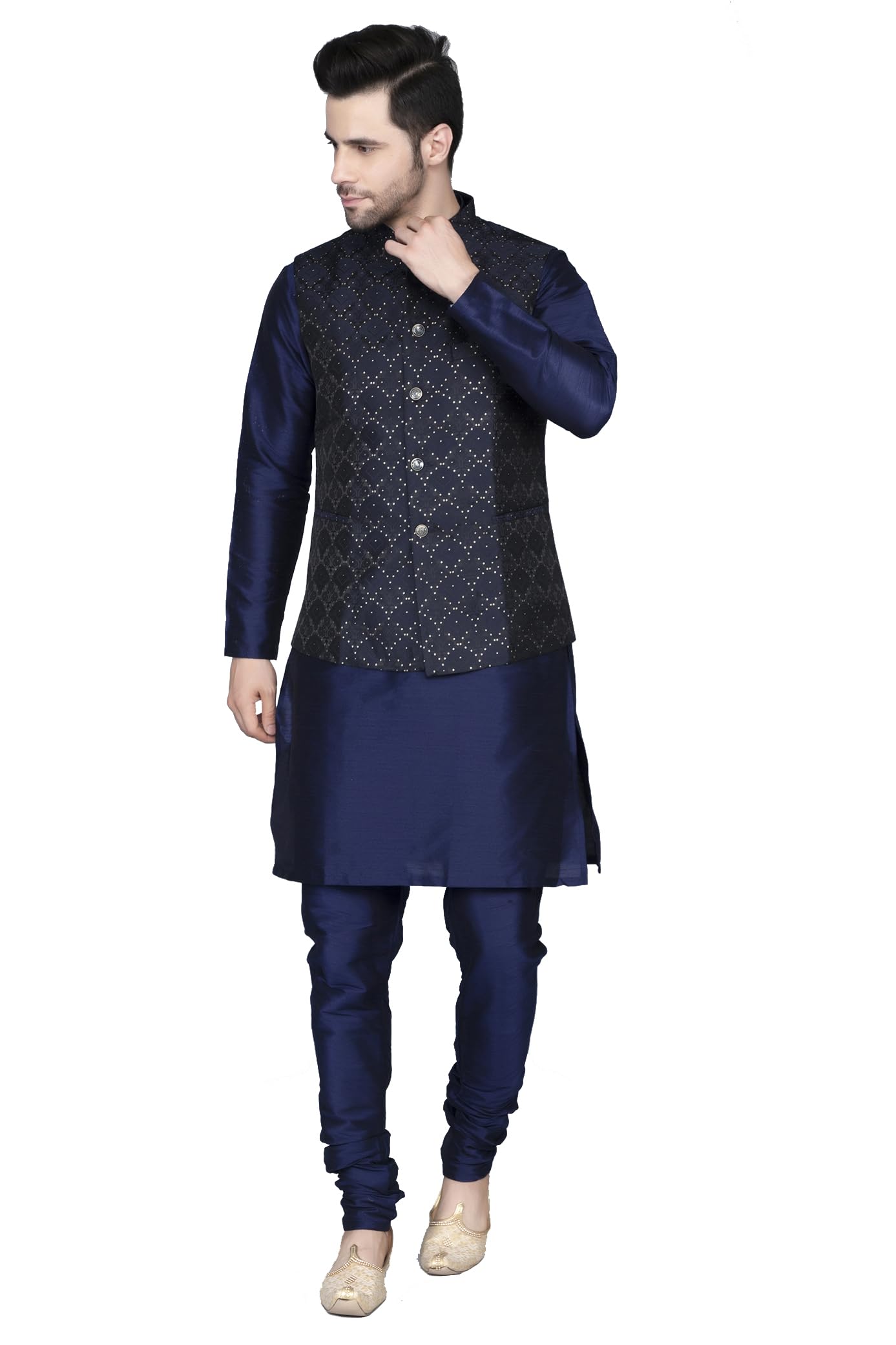 ethluxis Men's Silk Blend Kurta Churidar Pyjama with Nehru Bundi Jacket Set - Premium 3-Piece Ethnic Suit for Weddings, Festivals and Haldi Ceremony-picture-17