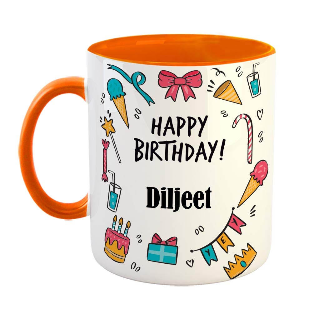 FurnishFantasy Ceramic Coffee Mug - Best Gift for Happy Birthday Mug , Color - Orange, Name - Diljeet