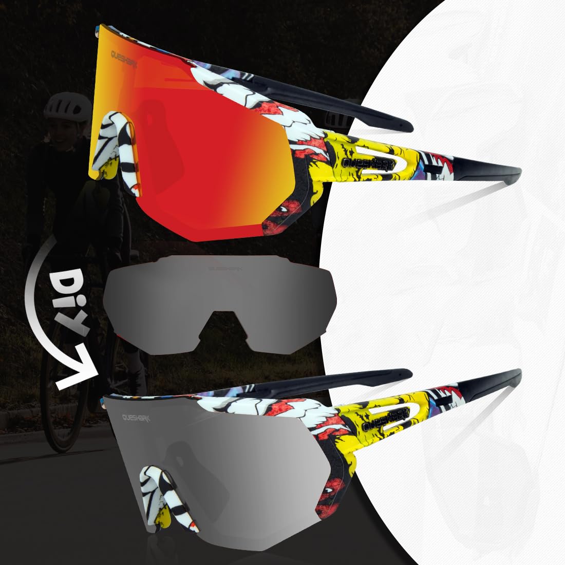 Queshark Polarizzati Anti-UV Occhiali da Ciclismo Bici MTB Intercambiabili per Sport Uomo Donna Guida Pesca Golf Baseball Corsa