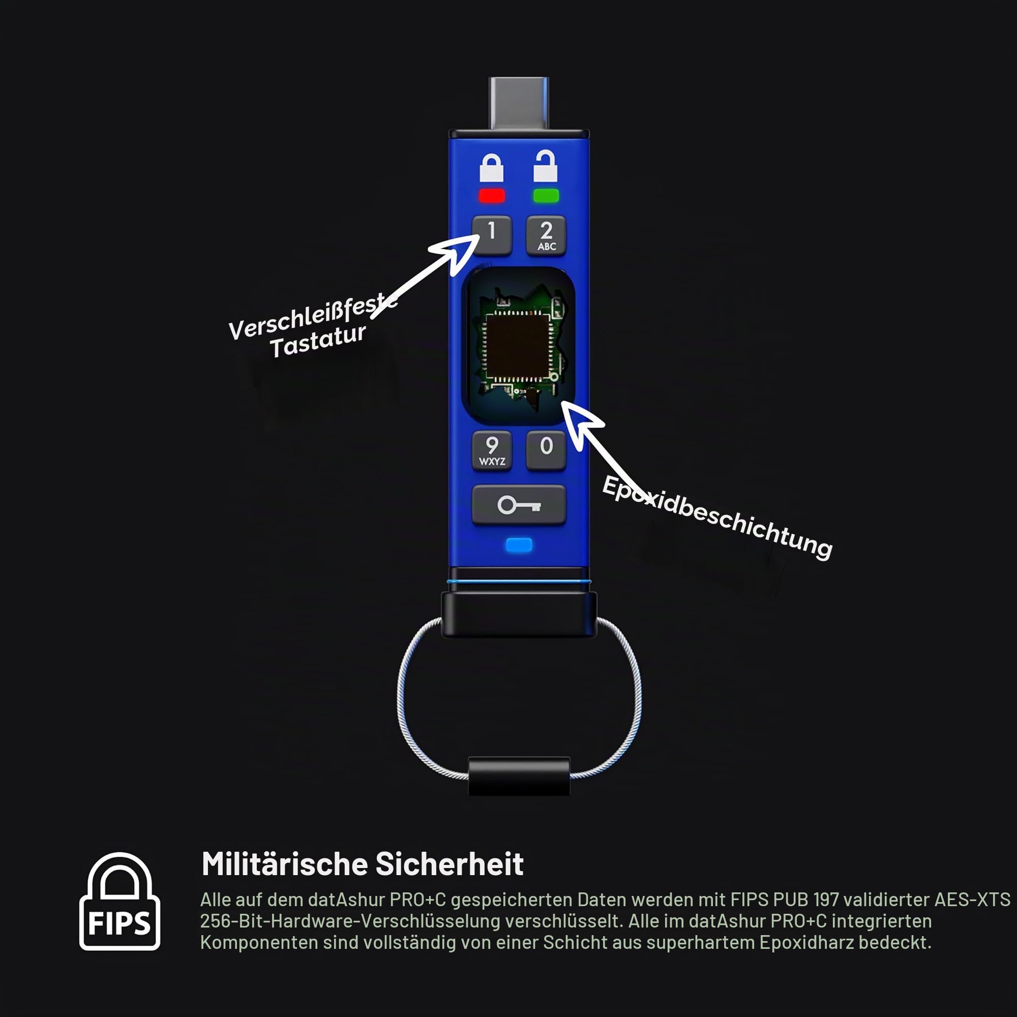 iStorage datAshur Pro+C 32 GB – Sicherer USB-Stick Typ C – FIPS 140-3 Level 3 Zertifiziert – geschützt durch PIN-Code – Adapter Typ C-A inklusive