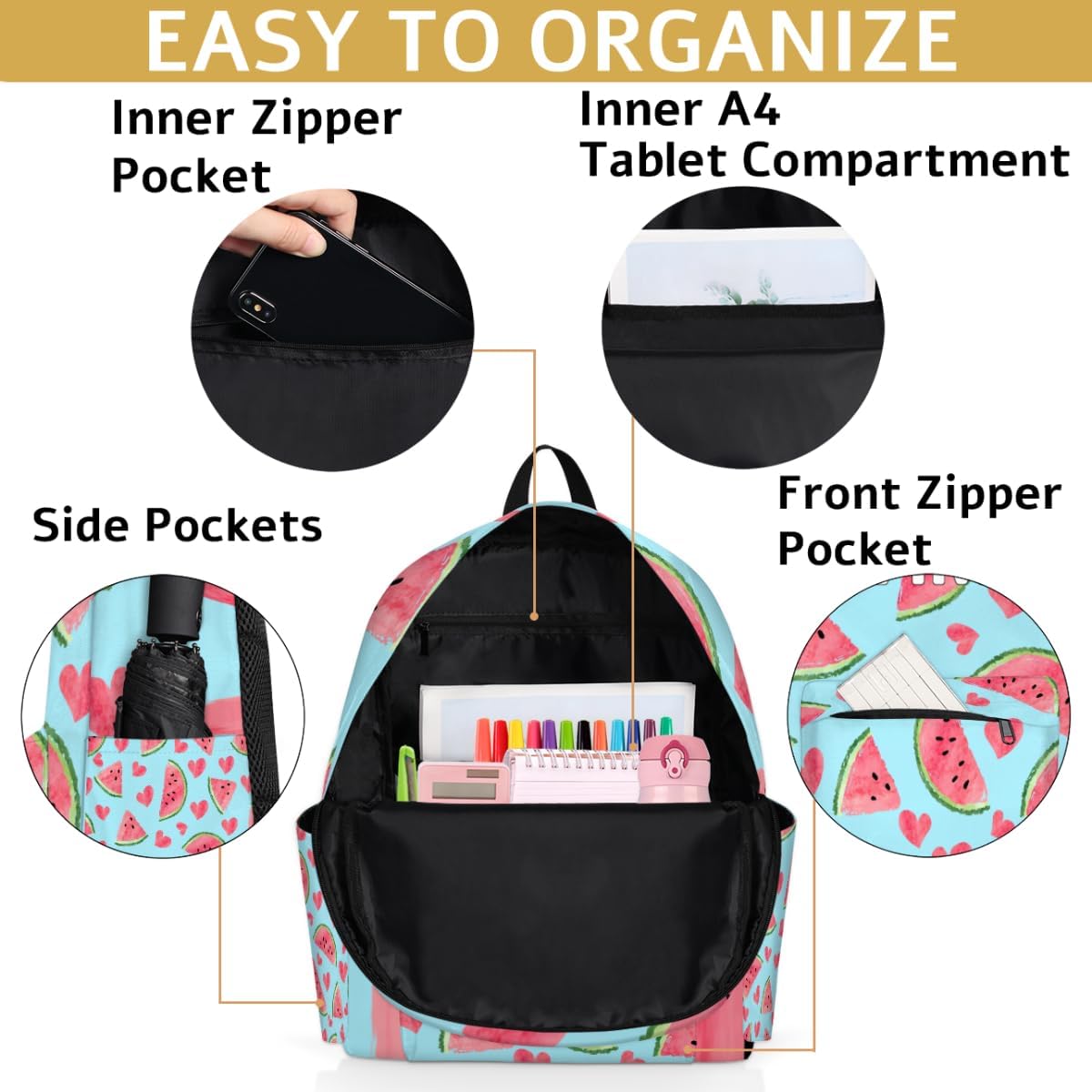 Beach Watermelon Customized Kids Backpack for Boys Girls Summer Fruit Personalized Preschool Toddler Backpack Kindergarten Nursery Bookbag Travel Children School Bag