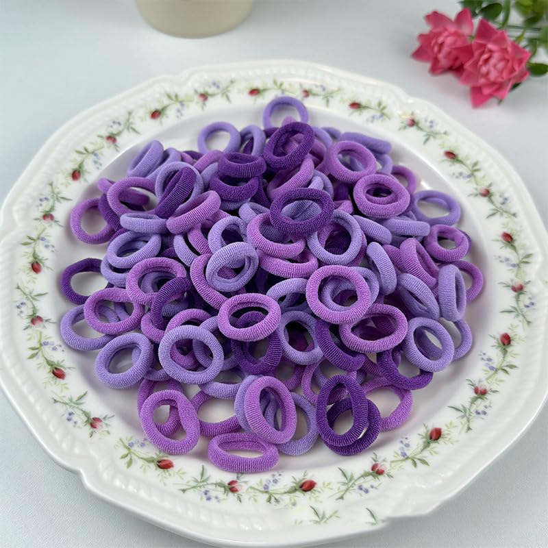 100 Pcs Small Girls Hair Bands Baby Bobbles Soft Toddler Hairbands Mini Hair Ties for Kids Girls Young Chidren with Storage Box Purple