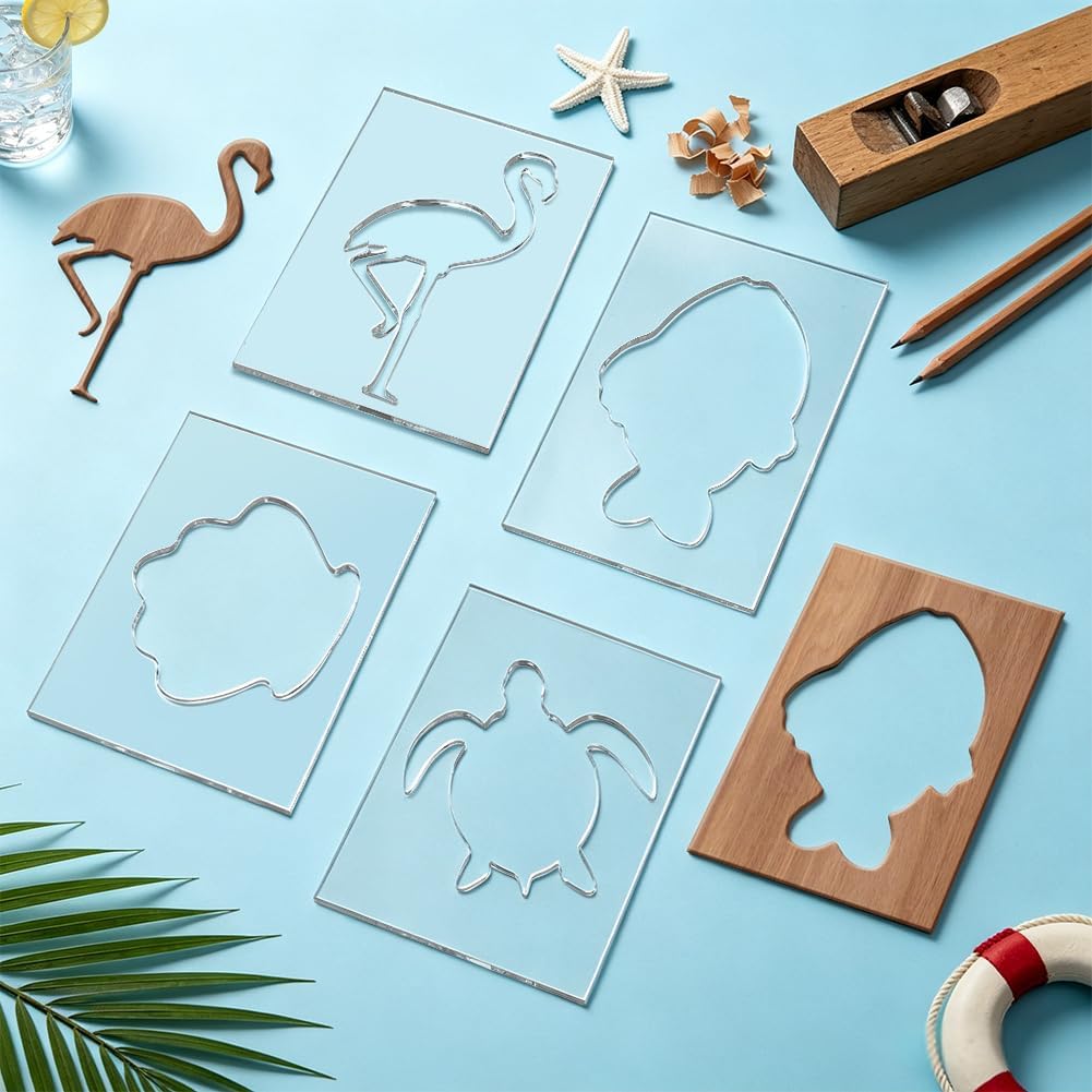BENECREAT 4Pcs Acrylic Router Templates, 7.9x5.5inch Clear Woodworking Templates with 4 Styles for Inlay Cutting and Wood Carving Projects, 5mm Thick, Animals