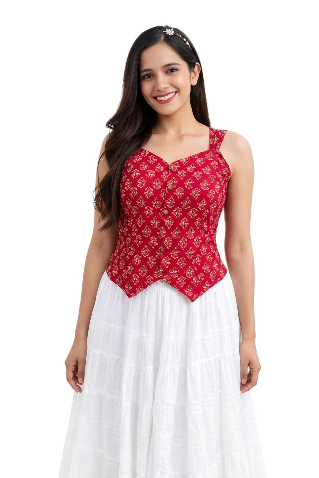 SOOTIRANG Women's Red and Gold Floral Print Cotton Blend Corset Top with Button Detailing, Sleeveless, Regular Fit