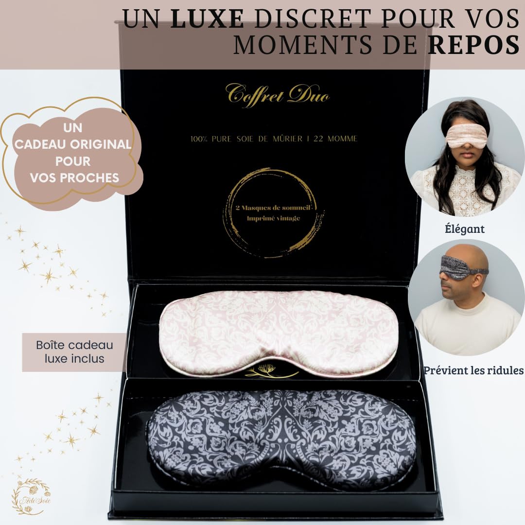 Confezione regalo 2 maschere per dormire pura seta di gelso 22 momme grado 6A maschera da notte seta biologica per donna e uomo con stampa vintage ipoallergenica, sonno riparatore adulto