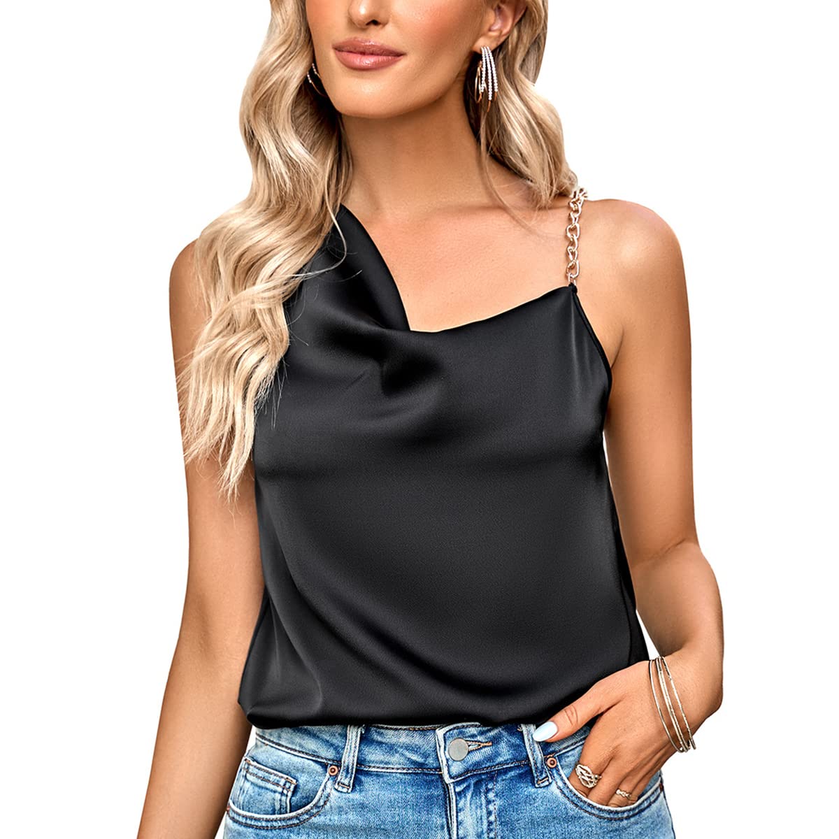 NLAND Camiseta Sin Mangas Mujer Informal Sin Mangas Y Cuello Drapeado Cami Tank Tops Elegante Satén Color Sólido Camisole Blouse Shirt Cadena De Verano