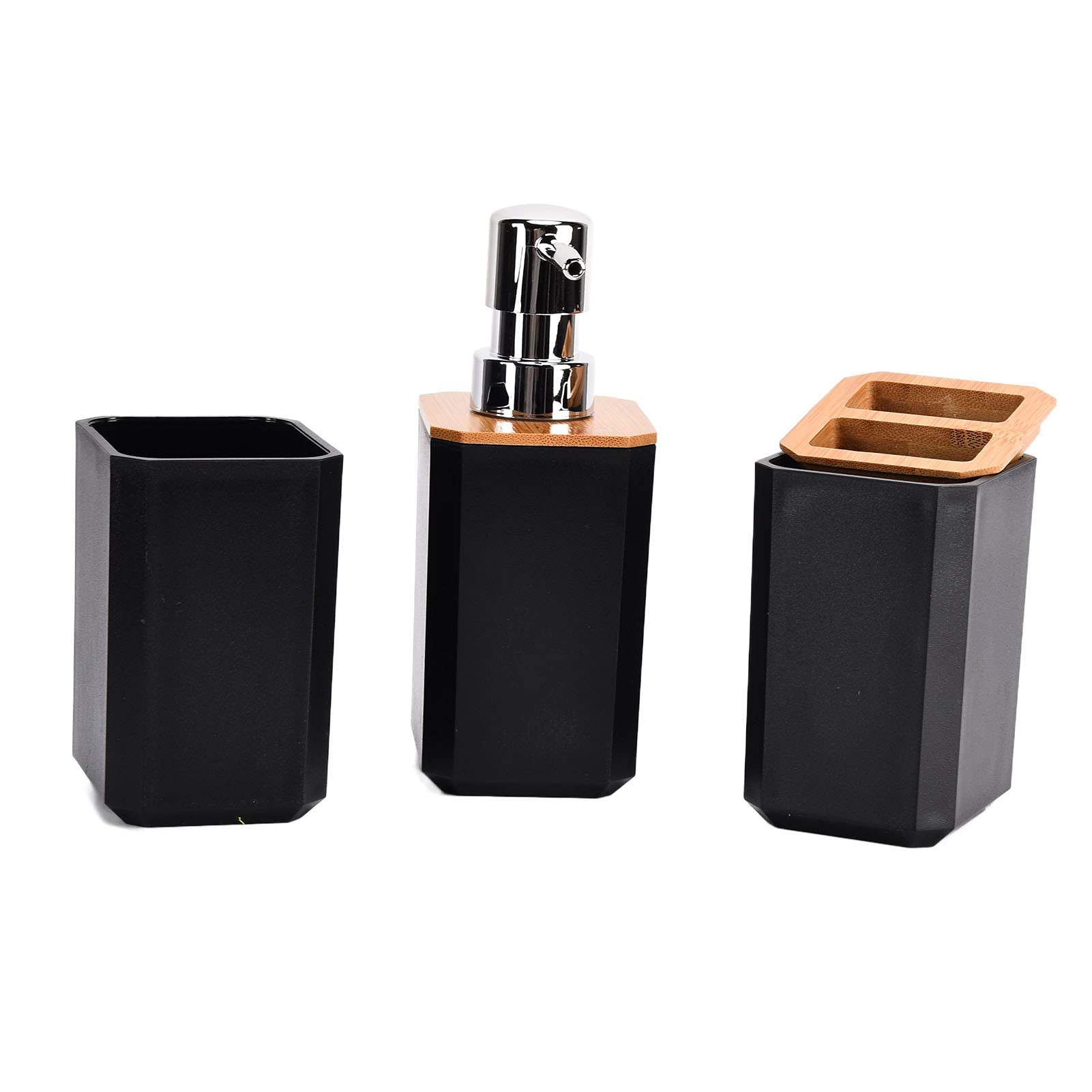 Aramox Juego de Accesorios de Baño de bambú Juego de Baño de 7 Piezas con Caja de ABS Soporte para Cepillo de Dientes Escobilla de Papelera y Bandeja para el del Hotel en Casa (Black)